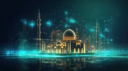 Wall Mural - Illustration of mosque with glowing lights on a twilight background. 3d AI generated image