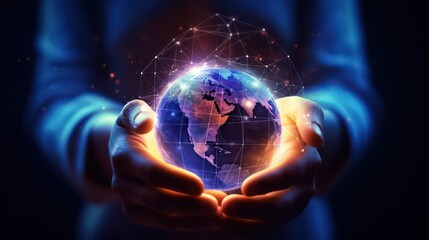 Wall Mural - AI generated 3D image of the businessman's hand holding a digital globe hologram on a world network connection blurred background. 