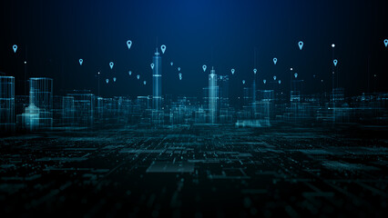 cityscape location icons of gps navigation, high speed internet connection and big data analysis, te