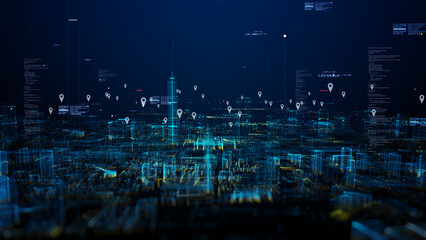 Wall Mural - Technology digital data network connection, Cityscape location icons of GPS navigation, High speed internet connection and big data analysis, Background 3d rendering