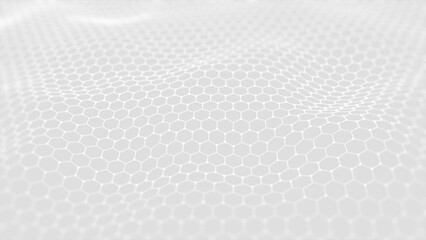 Poster - Hexagon Shape Digital Particles Wave, Dots, and Lines Connected Wavy, Digital Cyberspace Abstract Background, 3d rendering