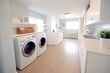 Interior clean white laundry room with front load washer and dryer units. Generative AI