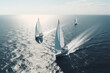 Leinwandbild Motiv Regatta sailing ship yachts with white sails at opened sea, Aerial view of sailboat in windy condition