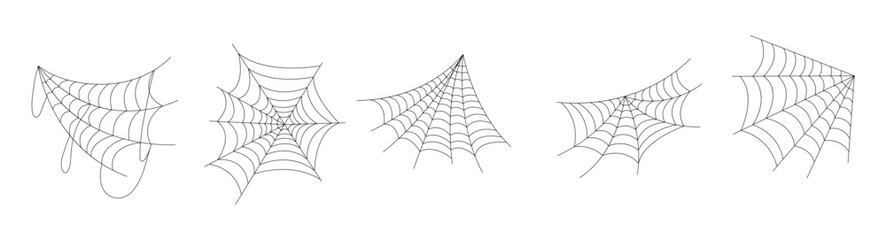 Wall Mural - Hand drawn spider web icon set isolated on white. Black halloween cobweb vector illustration