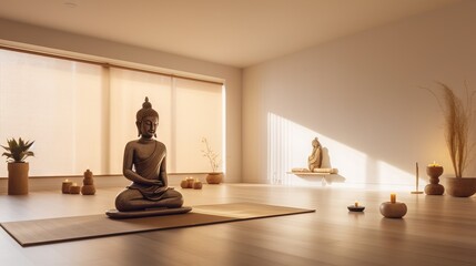 Poster -  a buddha statue sitting on top of a wooden floor next to potted plants and a window with blind shades on it's side.  generative ai