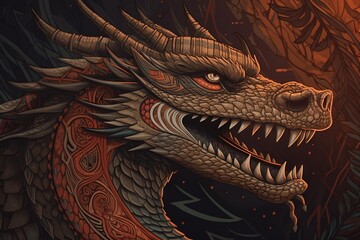 Wall Mural -  a close up of a dragon's head with sharp sharp teeth and sharp fangs on it's face, with an orange glow in the background.  generative ai