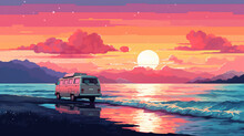 Camping Van On The Sea Side With Sunset Or Sunrise. Colorful Minimal Landscape Illustration Vector Digital Painting Art. Digital Illustration Generative AI.