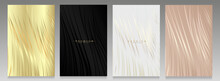 Luxury Cover Set. Wavy Stripes Template On Gold, Black, Platinum And Delicate Pink Background. Elegant Style With Lines, Metallic And Shiny Effect.