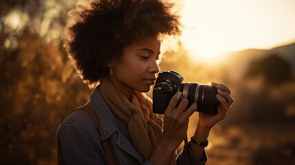 Photographer Female African-American 50s Taking photos on location in Outdoor location. Generative AI AIG22.