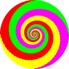 Poster - Colorful op art swirl pattern circle logo vector illustration. Circular optical illusion spiral vortex with red,green,pink, and yellow parts.