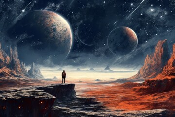 man astronaut in a spacesuit on the surface of the planet in outer space. ai generative ai