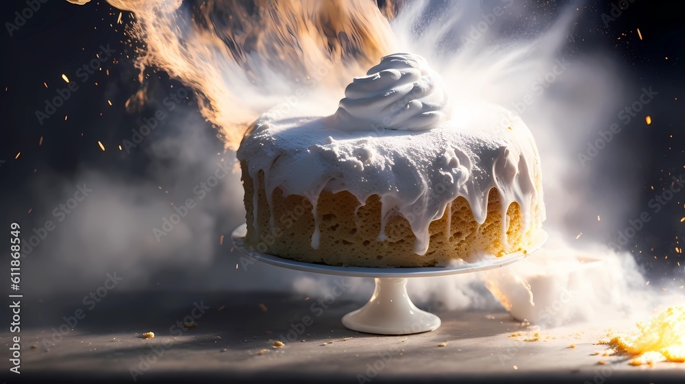 Cake with whipped cream on a dark background with smoke and fire ...