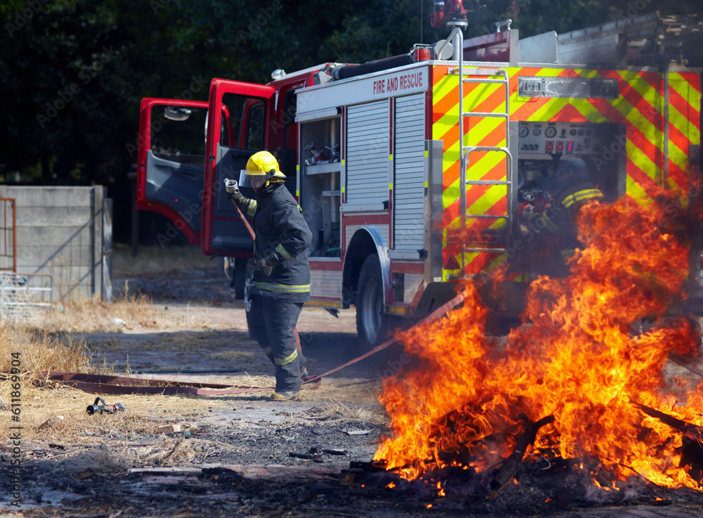 Fire, training and truck with firefighter and emergency in nature for ...