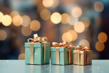 Mint gift boxes with golden bows on the background of bokeh effect. Generative AI