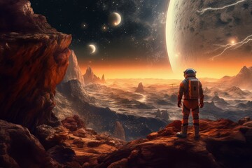 Wall Mural - Man astronaut in a spacesuit on the surface of the planet in outer space. Ai Generative AI