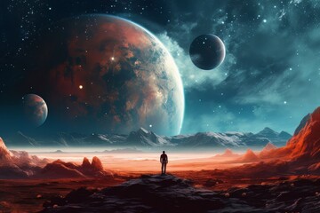 Wall Mural - Man astronaut in a spacesuit on the surface of the planet in outer space. Ai Generative AI