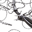 Intertwined 3d chrome metal barbed wire render swirling background high resolution	