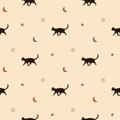 Wall Mural - Boho celestial cat seamless pattern. Small stars, moon on the beige repeat background. Cute hand drawn kitty design. Esoteric sky vector illustration. Sky starry wallpaper, textile, print.