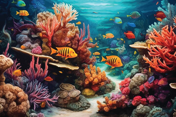 Wall Mural - painting of underwater world with coral fishes 