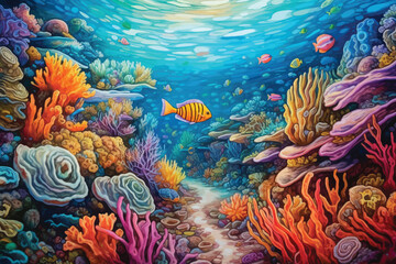 painting of underwater world with coral fishes 