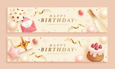 Wall Mural - Set of happy birthday horizontal banner with realistic bottle of champagne, envelope, helium balloons, strawberry and gift box. 3d realistic style. Vector illustration