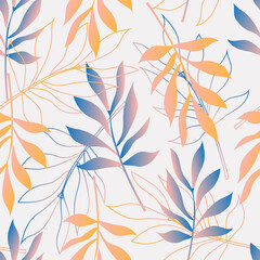 Canvas Print - Modern tropical leaves in yellow and blue gradient on a white background create a seamless pattern for fabrics. 