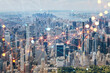 Aerial panoramic helicopter city view of Midtown Manhattan neighborhoods and Central Park, New York, USA. Social media hologram. Concept of networking and establishing new people connections