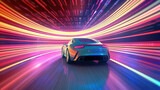 Fototapeta Przestrzenne - Speeding Sports Car On Neon Highway. Powerful acceleration of a supercar on a night track with colorful lights and trails. 3d illustration Generative AI.