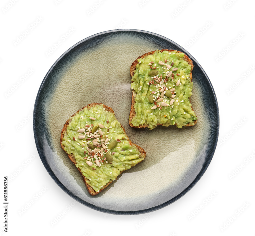 Plate of tasty avocado toasts on white background