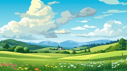 Wall Mural - Rolling Summer Hills, Green Pastures, Blue Sky with Fluffy Clouds, Abstract Cartoon Art, Digital Illustration, Generative AI