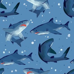 Swimming Sharks. Various positions. Hand drawn illustration. Square seamless Pattern. Blue background. Repeating design element for printing