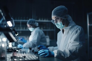 Poster - scientist working with microscope and test tube in chemical laboratory at night, medical scientists 
