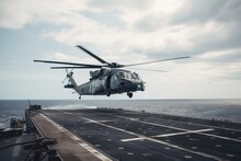 Helicopter On The Deck Of The Aircraft Carrier. Military Helicopter Landing On An Aircraft Carrier, AI Generated