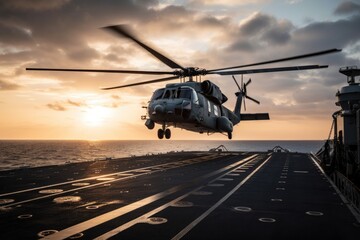 Poster - Helicopter on the deck of an aircraft carrier during sunset. Military helicopter landing on an aircraft carrier, AI Generated