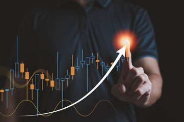 Businessman man hand touching virtual stock market graph chart for technical investment analysis concept