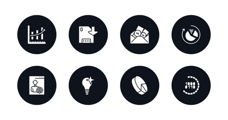 Poster - symbol for mobile filled icons set. filled icons such as increasing data, save, dollars in a mail, reload pie chart, user tings interface, new idea, 3d pie chart, binary code loading vector.