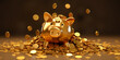 piggy bank with lots of gold coins hyper realistic Realistic photo ornate skull exploding. Generative AI
