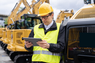 Aufkleber - Engineer in a helmet with a digital tablet stands next to construction excavators	