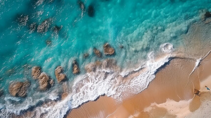 Wall Mural - Ocean waves on the beach as a background. Beautiful natural summer vacation holidays background. Top view from drone. Aerial top down view of beach and sea with blue water waves. Generative AI