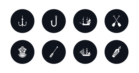 symbol for mobile filled icons set. filled icons such as bait, fishing hook, old galleon, paddles, diving helmet, oars, frigate, message in a bottle vector.