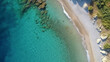 © Mickael - Ocean waves on the beach as a background. Beautiful natural summer vacation holidays background. Top view from drone. Aerial top down view of beach and sea with blue water waves. Generative AI