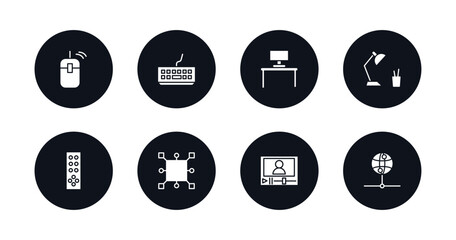 Poster - symbol for mobile filled icons set. filled icons such as computer mouse device, classroom keyboard, work station, study lamp, tv remote, square chip, video lecture, internet server vector.