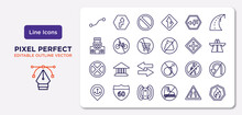 traffic signs outline icons set. thin line icons such as curves, degree curve road, no shopping cart, no stopping, no entry, magnetic field, narrow road, fire vector.