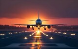 Fototapeta  - A passenger plane lands on the airport runway in a beautiful sunset light
