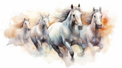 running horses watercolor on a white background dynamics composition art. Generative AI