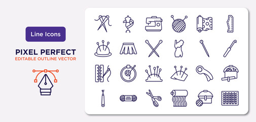 Poster - sew outline icons set. thin line icons such as sewing needles, fabric, knitting neddles, seam, rotary, pinking shears, sewing basket, knit vector.