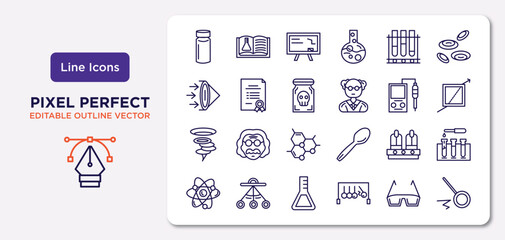 Poster - science outline icons set. thin line icons such as vial, tubes, poison, vortex, nixie, flasks, eye protector, pendulum vector.