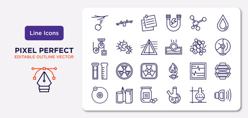 Poster - science outline icons set. thin line icons such as gravity, molecule, dispersion, test tube, electrocardiogram, medicines, lab, sound vector.