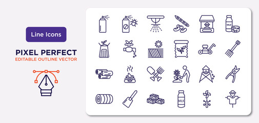 Poster - agriculture farming outline icons set. thin line icons such as sprayer, stall, farm field, wood logs, water tower, straw bale, vane, scarecrow vector.