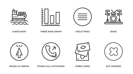 Poster - ultimate glyphicons outline icons set. thin line icons such as cargo boat, three bars graph, circle menu, band, mouse up arrow, phone call outcoming, three cards, dot crossed vector.